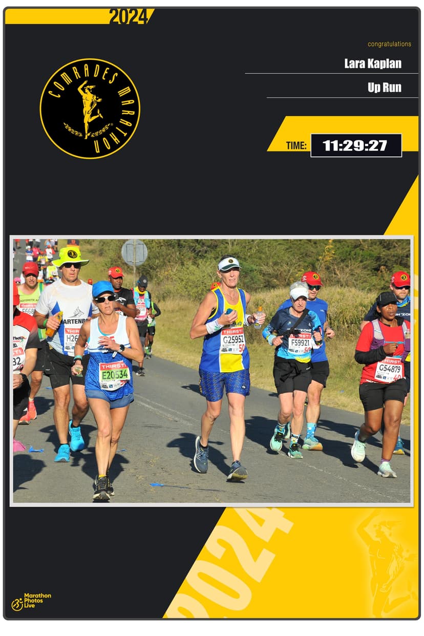 Lara Kaplan at kilometer 70 of the Comrades Marathon, the breaking point of the race
